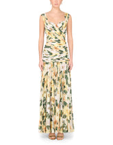 Long camellia-print georgette dress with draping - | Dolce & Gabbana
