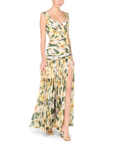 Long camellia-print georgette dress with draping - | Dolce & Gabbana