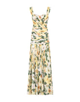Long camellia-print georgette dress with draping - | Dolce & Gabbana