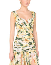 Long camellia-print georgette dress with draping - | Dolce & Gabbana