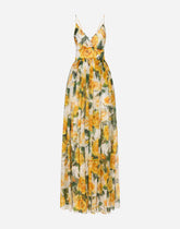 Long silk chiffon dress with yellow rose print - | Dolce & Gabbana
