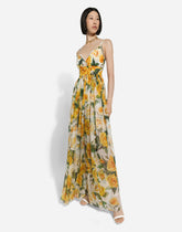 Long silk chiffon dress with yellow rose print - | Dolce & Gabbana