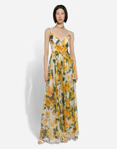 Long silk chiffon dress with yellow rose print - | Dolce & Gabbana