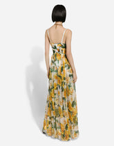 Long silk chiffon dress with yellow rose print - | Dolce & Gabbana