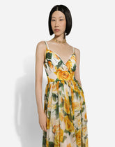 Long silk chiffon dress with yellow rose print - | Dolce & Gabbana