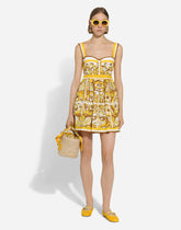 Short dress with corset bodice in majolica-print cotton poplin - | Dolce & Gabbana
