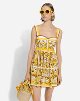 Short dress with corset bodice in majolica-print cotton poplin - | Dolce & Gabbana