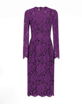 Long-sleeved calf-length dress in branded stretch lace - | Dolce & Gabbana
