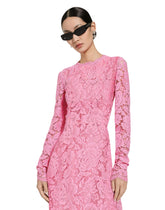 Long-sleeved calf-length dress in branded stretch lace - | Dolce & Gabbana