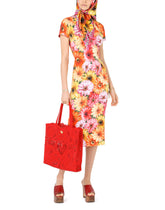 Calf-length charmeuse dress with gerbera-daisy print - | Dolce & Gabbana