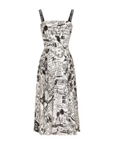Charmeuse calf-length dress with graffiti logo print - | Dolce & Gabbana