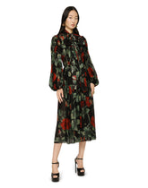 Textured chiffon calf-length dress with pussy-bow and rose print - | Dolce & Gabbana