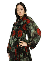 Textured chiffon calf-length dress with pussy-bow and rose print - | Dolce & Gabbana