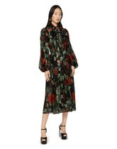 Textured chiffon calf-length dress with pussy-bow and rose print - | Dolce & Gabbana