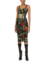 Calf-length bustier dress in rose-print marquisette - | Dolce & Gabbana