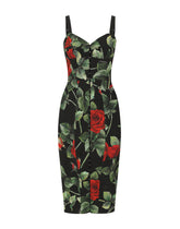 Calf-length bustier dress in rose-print marquisette - | Dolce & Gabbana