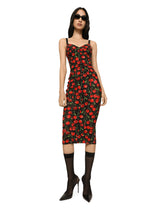 Cherry-print stretch calf-length corset dress - | Dolce & Gabbana