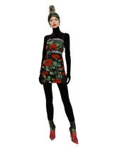 Short charmeuse dress with red rose print - | Dolce & Gabbana