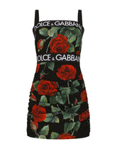 Short charmeuse dress with red rose print - | Dolce & Gabbana