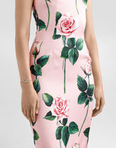Satin calf-length sheath dress with rose print - | Dolce & Gabbana