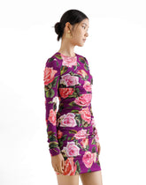 Charmeuse midi sheath dress with draping and rose print - | Dolce & Gabbana