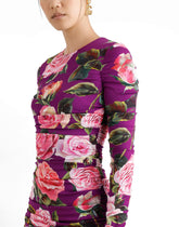 Charmeuse midi sheath dress with draping and rose print - | Dolce & Gabbana