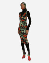 Charmeuse midi dress with red rose print - | Dolce & Gabbana