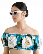 Cotton Bardot-neck top with gardenia print - | Dolce & Gabbana