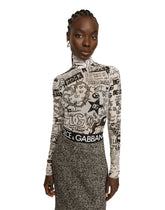 Tulle turtleneck bodysuit with graffiti logo print - | Dolce & Gabbana