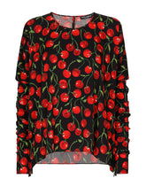 Cherry-print charmeuse top with gathered sleeves - | Dolce & Gabbana