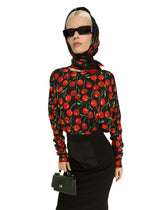 Cherry-print charmeuse top with gathered sleeves - | Dolce & Gabbana