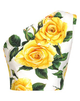 One-shoulder cotton crop top with yellow rose print - | Dolce & Gabbana