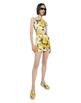 One-shoulder cotton crop top with yellow rose print - | Dolce & Gabbana