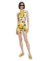 One-shoulder cotton crop top with yellow rose print - | Dolce & Gabbana