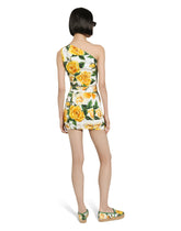 One-shoulder cotton crop top with yellow rose print - | Dolce & Gabbana