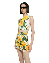 One-shoulder cotton crop top with yellow rose print - | Dolce & Gabbana