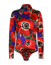 Satin shirt bodysuit with anemone print - | Dolce & Gabbana