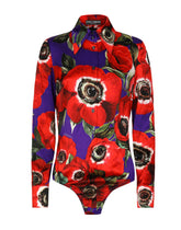 Satin shirt bodysuit with anemone print - | Dolce & Gabbana