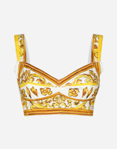 Cotton poplin corset crop top with majolica print - | Dolce & Gabbana