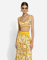 Cotton poplin corset crop top with majolica print - | Dolce & Gabbana