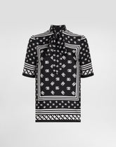 Short-sleeved silk blouse with pussy-bow and all-over DG logo scarf print - | Dolce & Gabbana