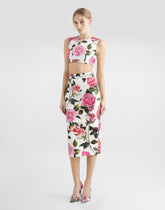 Cotton jacquard crop top with rose print - | Dolce & Gabbana