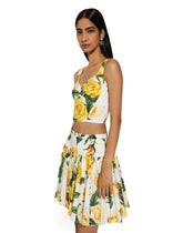 Cotton corset top with yellow rose print - | Dolce & Gabbana