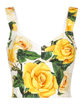Cotton corset top with yellow rose print - | Dolce & Gabbana
