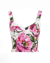 Cotton corset top with peony print - | Dolce & Gabbana