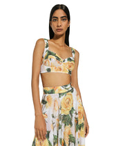 Sequined corset top with yellow rose print - | Dolce & Gabbana