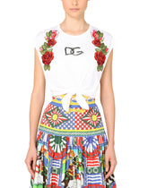 Jersey T-shirt with tie hem and raffia embroidery - | Dolce & Gabbana