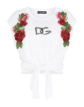 Jersey T-shirt with tie hem and raffia embroidery - | Dolce & Gabbana