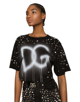 Jersey T-shirt with DG logo print with rhinestones - | Dolce & Gabbana