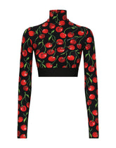 Cherry-print technical jersey turtle-neck top with branded elastic - | Dolce & Gabbana